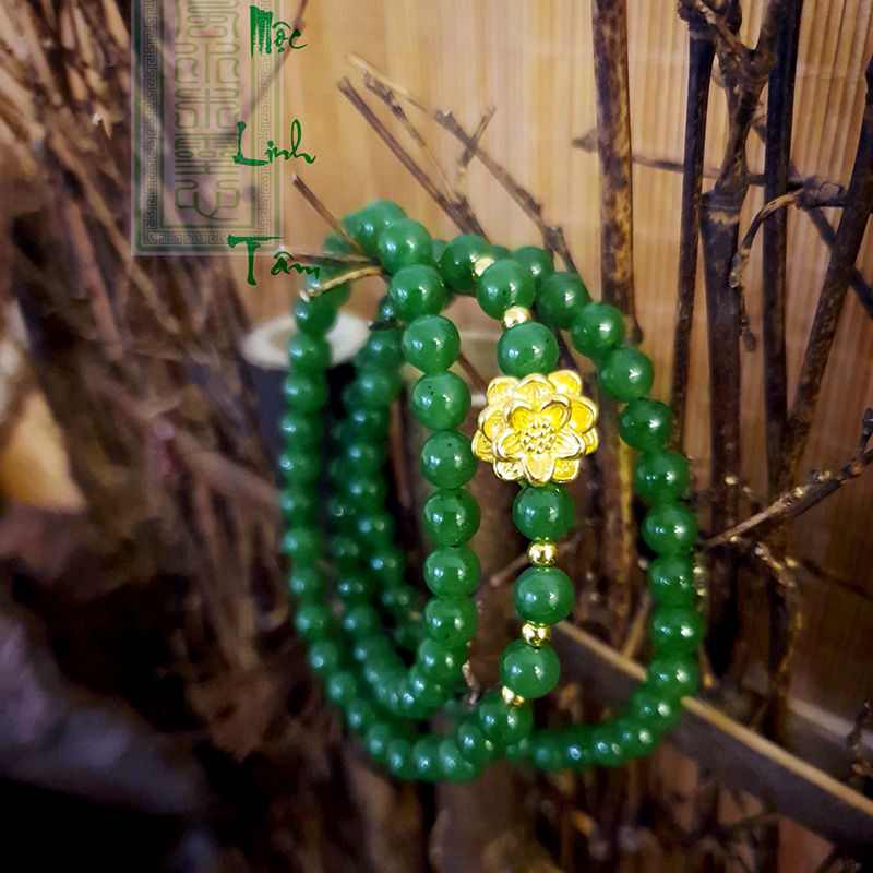 Ngọc bích charm sen vàng24k