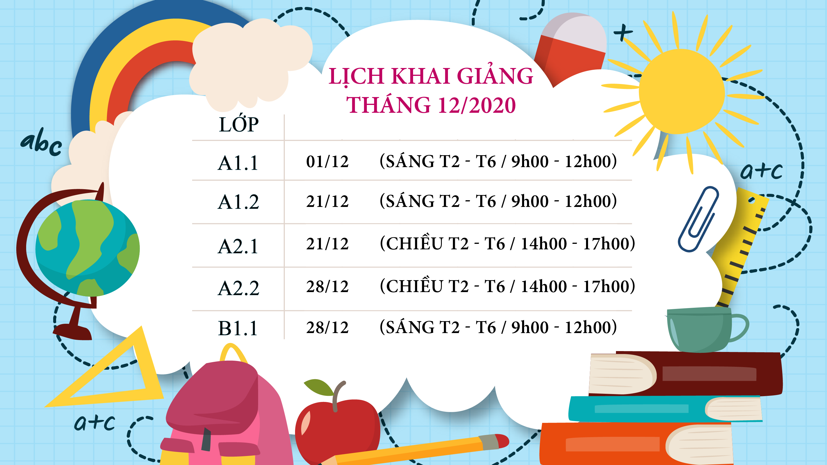 LỊCH KHAI GIẢNG THÁNG 12/2020